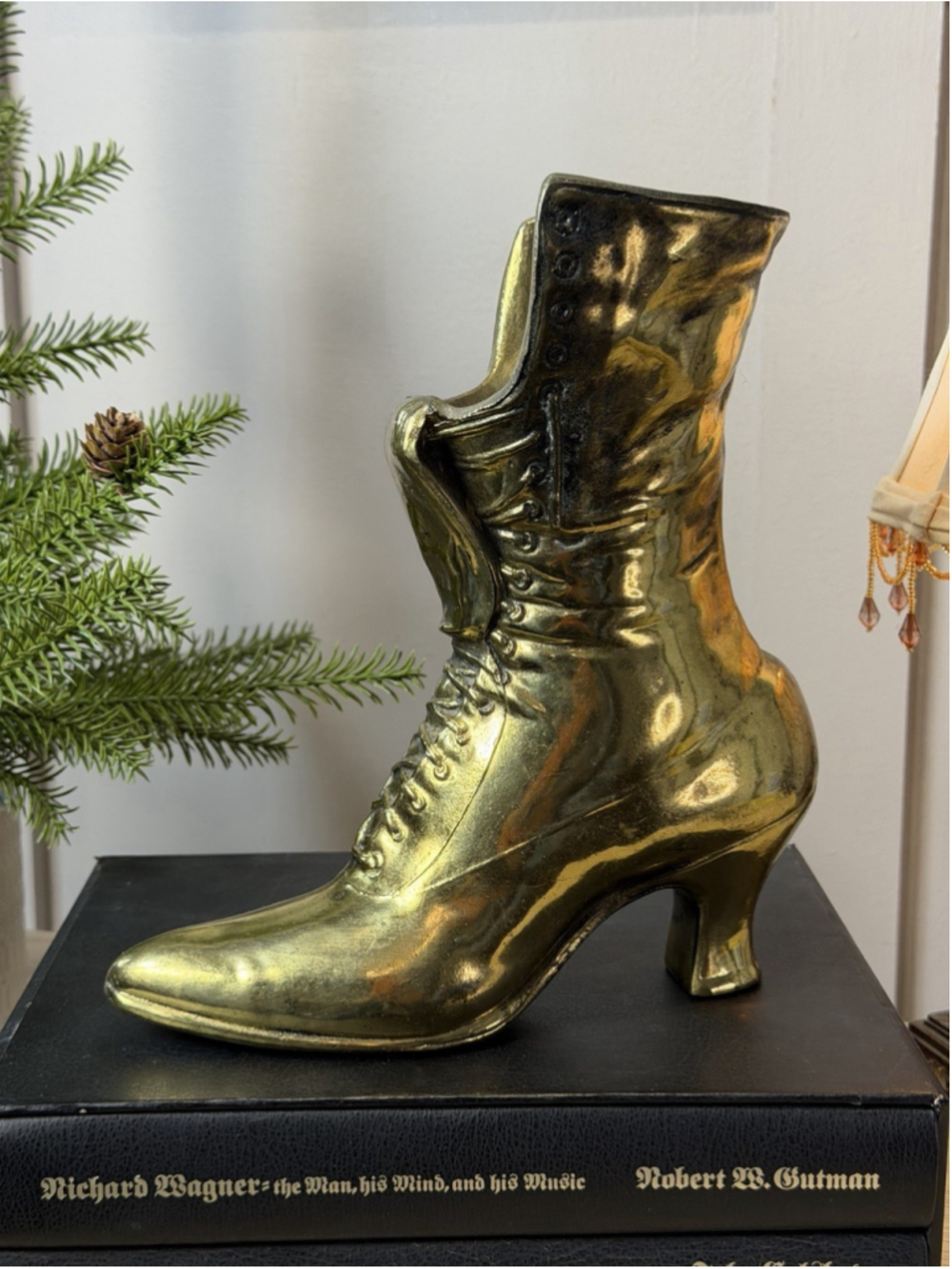 Vtg Bronze Plated Metal Victorian BOOT Vase Planter Rustic Metalic Brass Glazed